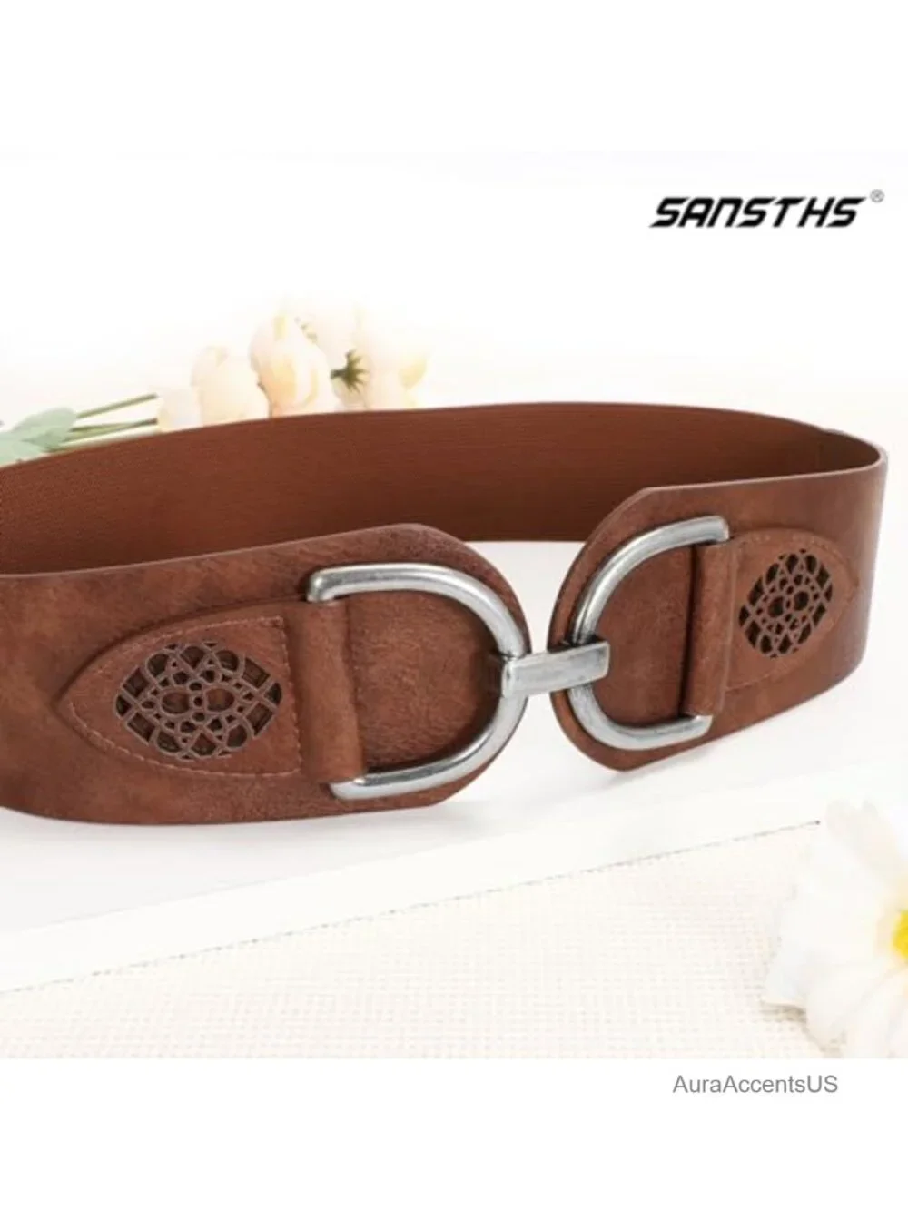 Vintage Stretchy Wide Belt Chunky Buckle Elastic Waist Belt for Dresses Coats